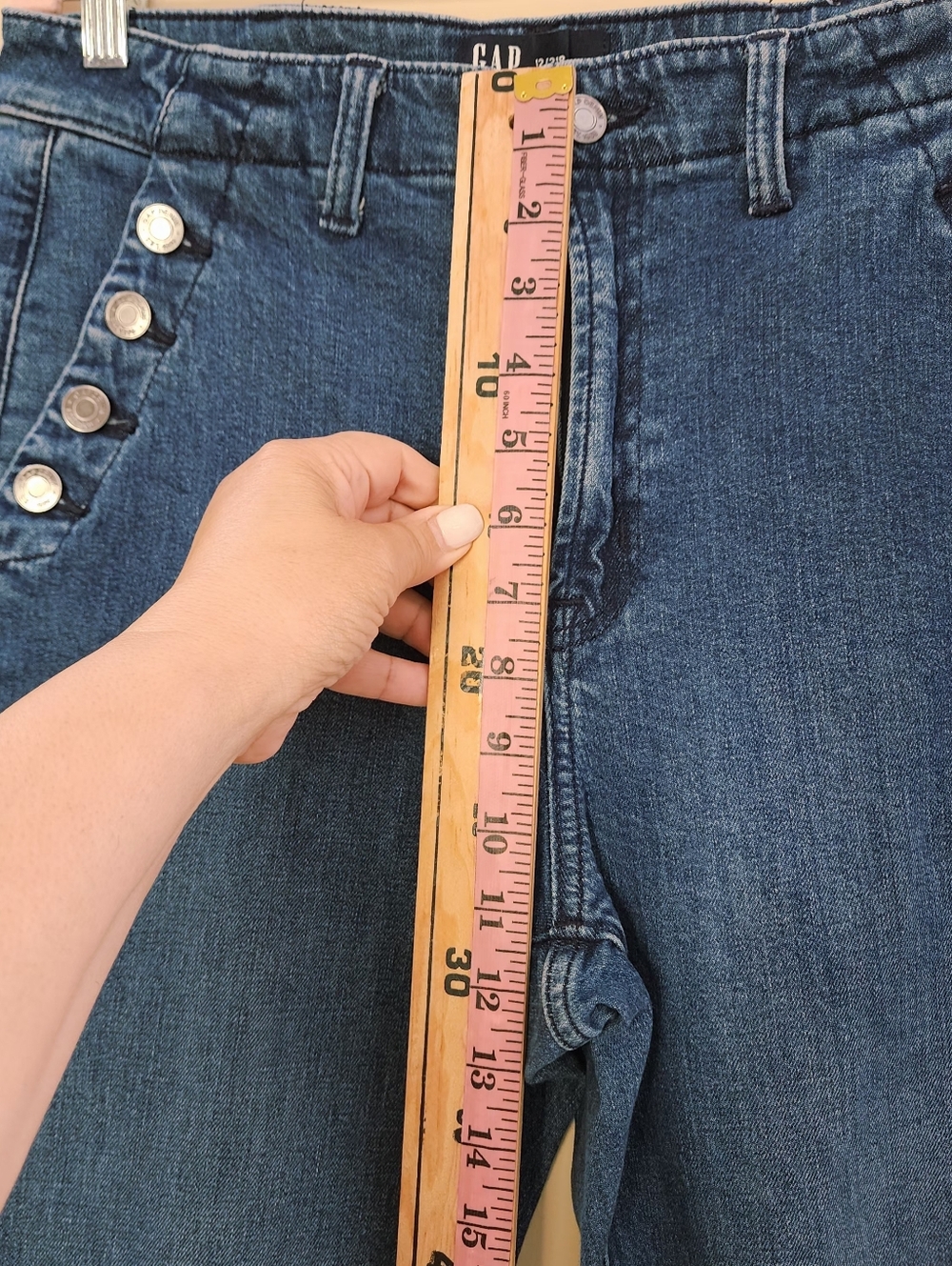 Gap 70s Flare High Rise Sailor Jeans Blue Denim Button Front 12/31R - Picture 7 of 16